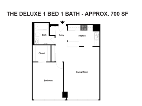 Floor plan for 1 bed, 1 bath, 714 sqft
